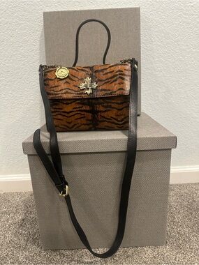 Patricia Nash Tiger-Print Crossbody in Brown and Black with Gold Hardware
